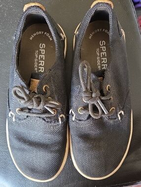 Sperry Boy's Black Canvas Memory Foam Boat Shoes with Tan Trim.